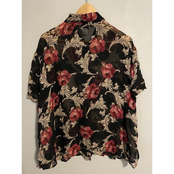 Vintage Paradise Women Top 1X Black Floral Rayon Mesh Button Up Sheer Whimsigoth - Picture 2 of 7